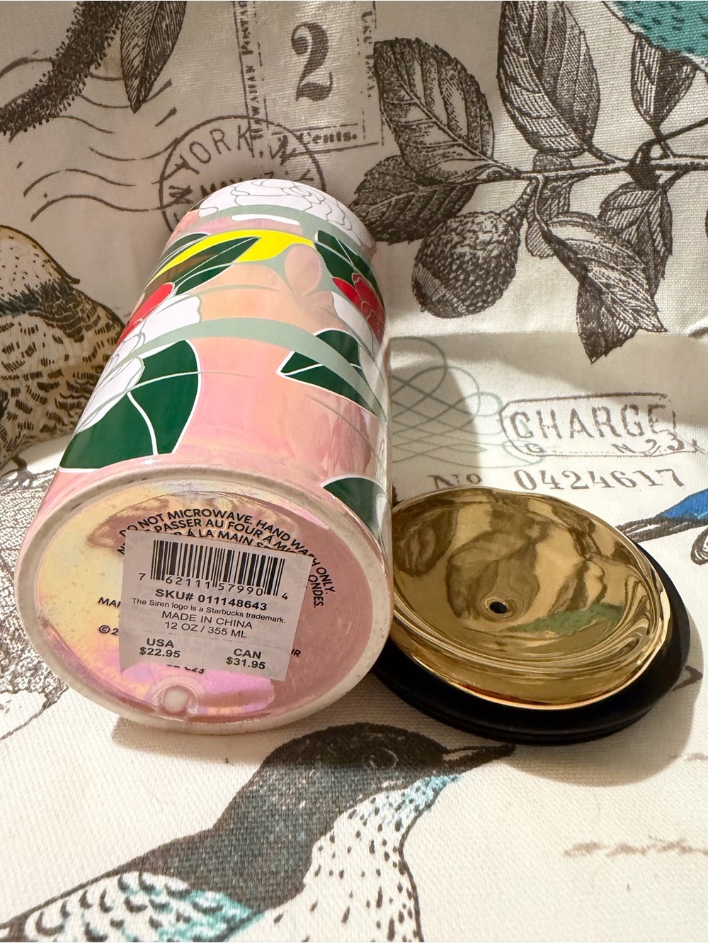 Starbucks Pink Floral Tumbler with Green and Gold Accents - Picture 2 of 4